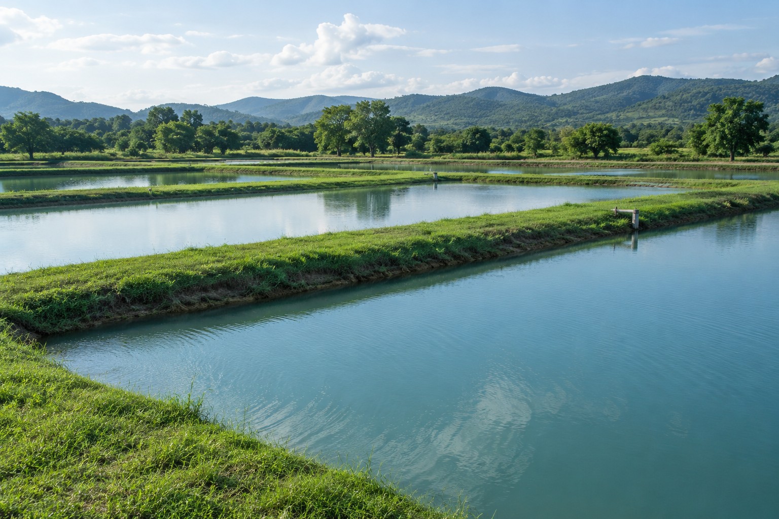 Freshwater aquaculture ponds and grassy embankments