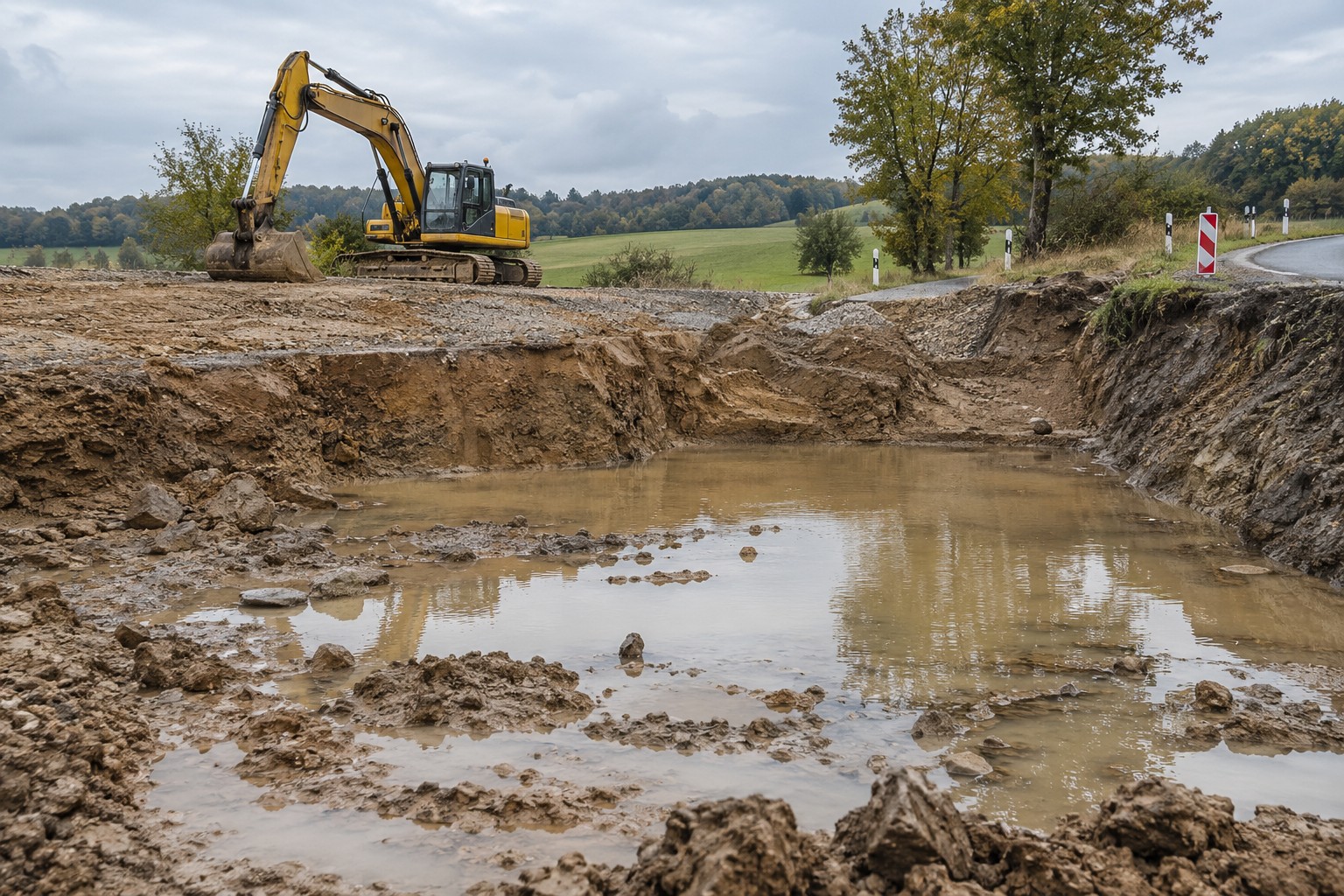 Pooled water at a construction excavation site